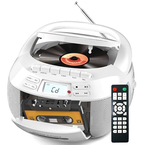 Image of Greadio Portable CD Player with Speakers, Boombox Cassette Player with Bluetooth, FM Radio, USB/AUX Playback, LCD Display, Remote Control, Tape Recording, Battery or Mains Powered, Headphone Jack