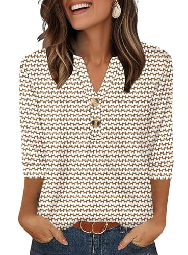 Image of Aokosor Womens 3/4 Sleeve Tops Ladies Blouse V Neck Tunic Long Sleeve T Shirts Curved Hem Office Wear Brown White Floral Plus Size 24-26 for UK