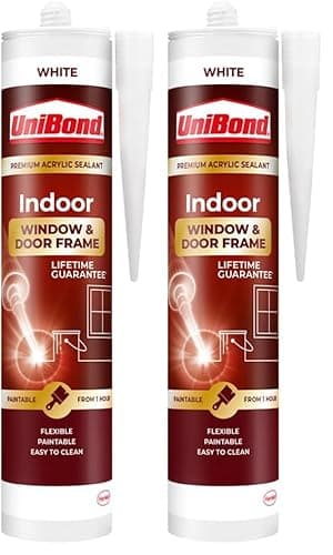 Image of UniBond Indoor Window & Door Frame Sealant, White Acrylic Sealant, Paintable from 1 Hour, 1 x 467g Cartridge (Pack of 2)