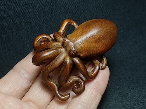 Image of HXSCOO Japanese boxwood hand carved octopus fish Figure statue netsuke collectable Decoration gift