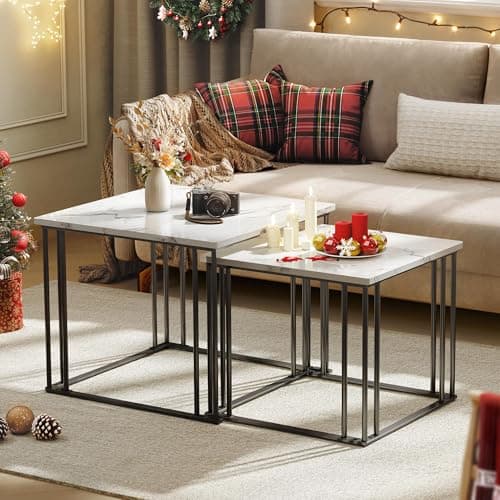 Image of YITAHOME Coffee Table Set of 2, Wooden Living Room Nesting Tables, Modern Cocktail Side Table with Metal Frame for Living Room, Dining Room, Kitchen, White