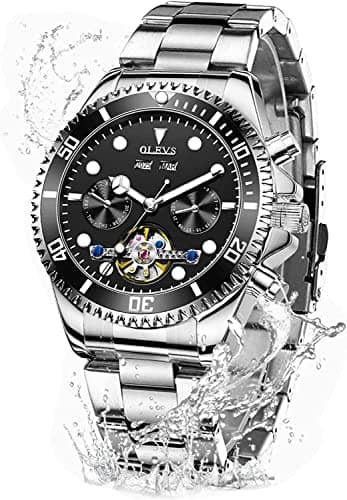 Image of OLEVS Automatic Watches for Men Self Winding Classic Designer Tourbillon Stainless Steel Waterproof Luminous Male Wrist Watches (Silver and Black)