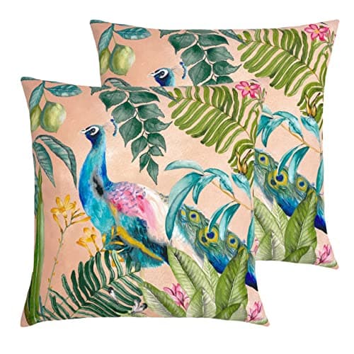 Image of furn. Evans Lichfield Peacock Outdoor Cushions (Twin Pack), Blush, 43 x 43cm (K2-PEACOCK/HF2/BLS)