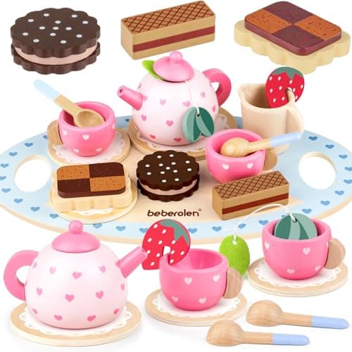 Image of Beberolen Wooden Tea Set, Toddler Pretend Play Afternoon Tea Party Food Toys, Kids Kitchen Accessories with Biscuits and Teapot for 3 4 5 Years Old Girls Boys Childrens Birthday Gift