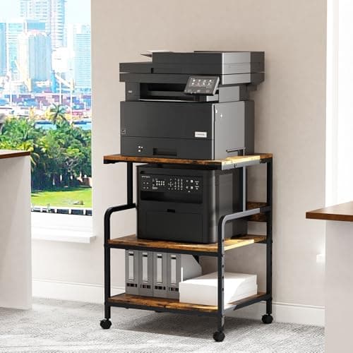 Image of 3-Tier Printer Stand, Large Printer Table on Wheels, Movable Printer Stand with Storage, Rolling Printer Cart for Fax Scanner Files Media Player, Multifunctional Trolley for Office Home Kitchen, Brown