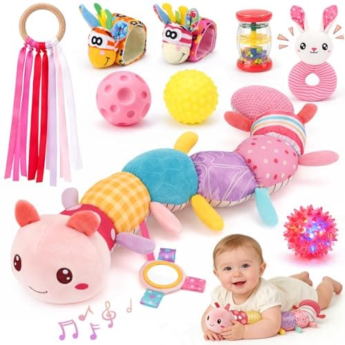 Image of Joyreal Baby Girl Toys Baby Essentials for Newborn, 10pcs Newborn Baby Gifts, Musical Caterpillar Toys, Rattles, Ribbons, Baby Toys 6 to 12 Months, Sensory Toys for Babies 0-6 Months