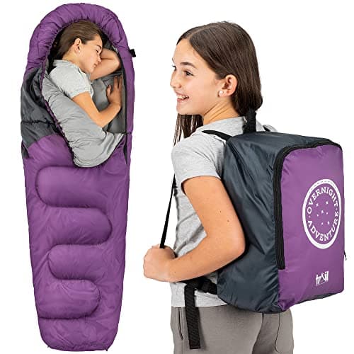 Image of Trail Kids Sleeping Bag Mummy Shape 3 Season Camping 300gsm Boys Girls with Lightweight Rucksack Bag (Purple)