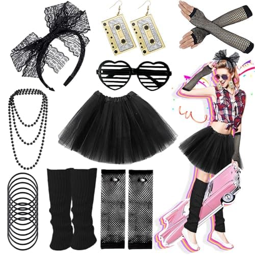 Image of Ronilp 80s Fancy Dress for women,1980s Fancy Party Black Costume Accessories Set, Tutu Skirt Leg Warmers Necklace Bracelets Fishnet Gloves 80s Lace Bow Headband Tape Earrings Sunglasses