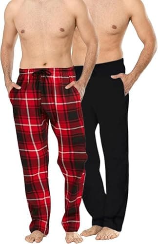 Image of Men's Long Lounge Wear Pants Nightwear (Two Pack) Pyjama Bottoms Sleepwear (Black/Red Check, Medium)