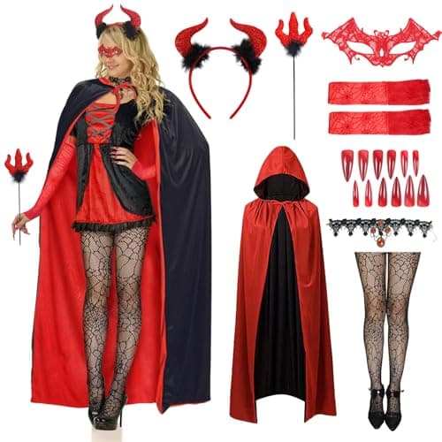 Image of Devil Vampire Costume 20 IN 1 Halloween Vampire Cape Cloak with Devil Horns Fork Masks Necklace Red Gloves Spiderweb Stockings Nail Stickers for Adult Women Halloween Costumes Cosplay Theme Party