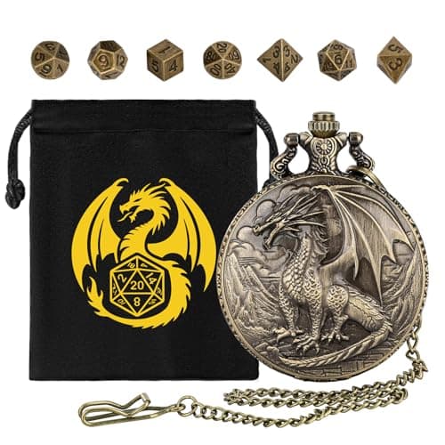 Image of DND NURD Mini DND Dice Set with Steampunk Dragon Pocket Watch Shell Case, 7pcs Polyhedral Metal D&D Dice, Bronze