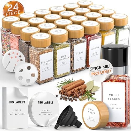 Image of Livabl Glass Spice Jars with Lids and Labels – 24 Bamboo Lid Spice Containers - 120ml Airtight Jars with 360 White UK Designed Waterproof Pre-Printed Labels - Complete Herb, Seasoning & Spices Storage