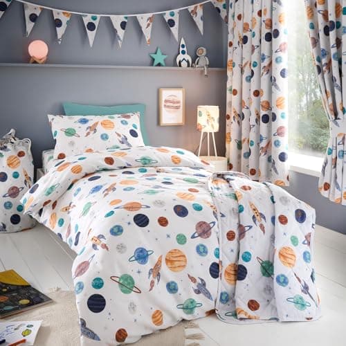 Image of Happy Linen Company Girls Boys Kids Cosmic Planets White Toddler Cot Bed Reversible Soft Easy Care Bed Linen Duvet Cover Quilt Bedding Set With Pillow Case