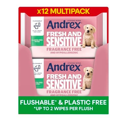 Image of Andrex Fresh & Sensitive Hygiene Wipes, 12 Pack; Flushable Moist Toilet Tissue, Hypoallergenic and Fragrance Free Wet Wipes for Sensitive Skin (30 Sheets x 12 Packs), FSC Certified
