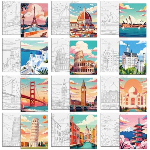 Image of MAYJOYDIY 12 Pcs Landmark Buildings Pre Drawn Canvas to Painting Tourism Attractions Pre Printed Canvas for Adults 25×20cm DIY Paint Art Supplies for Beginners, Students, Party Gifts