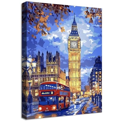 Image of Wooden Framed Canvas Wall Art London City Big Ben Red Bus View Painting on Canvas Prints Poster Blue Yellow Red Pictures for Living Room Bedroom Home Office Hallway Corridor Wall Decor 30x40cm
