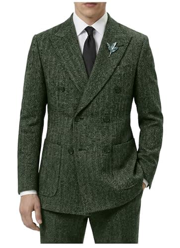 Image of Retro Tweed Men's Suit Herringbone 2 Piece Slim Fit Double Breasted Suits Prom Wedding Tuxedo Jacket Blazers Pants for Men, Green, XXL