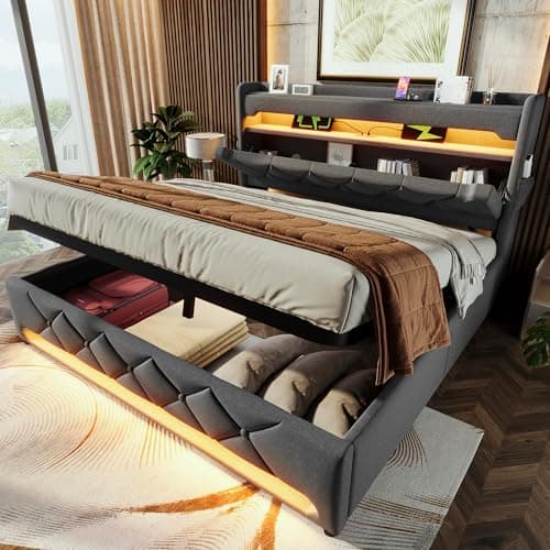 Image of Merax Super King Size bed frame with Storage,Upholstered Kingsize Ottoman Bed,Hydraulic Storage Bed Frame,with Storage Headboard&LED lighting&Charging Function&side Pockets,Grey+Linen(No Mattress)
