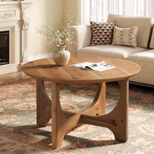 Image of TRIBEWOOD Round Coffee Table, 80 cm Solid Wood Coffee Table for Living Room, Wooden Center Table for Apartment, Small Space, Rustic Brown