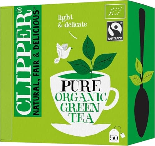 Image of Clipper Organic Pure Green Tea Bags, Box of 50 Envelop String & Tag Teabags, Organic, Eco-Conscious, Fair Trade Tea, Natural, Unbleached, Plant-Based, Compostable and Biodegradable Tea Bag
