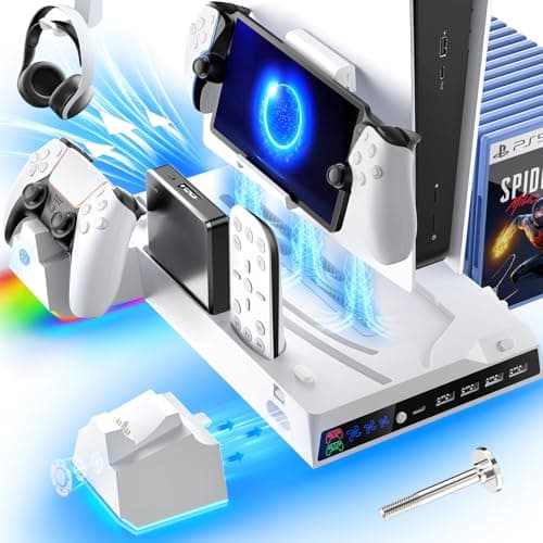 Image of Fenolical PS5/Slim Stand and Cooling Station Compatible with Playstation 5 Consoles, PS5 Accessories with Detachable and Individual Controller Charging Station and 3 Levels Cooling Fan (White)
