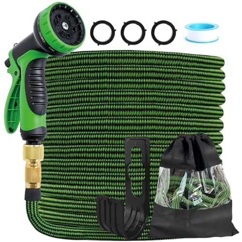 Image of CNMTCCO Expandable Garden Hose Pipe, Flexible Hose Pipe with 10 Function Spray Nozzle, Latex-Core Leak-Proof Garden Water Hose with 1/2" 3/4" Solid Brass Fittings for Gardening＆Car Washing (100FT)