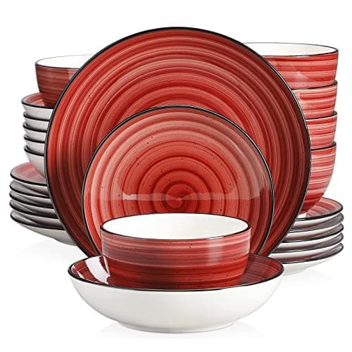 Image of vancasso Bonbon Red Dinner Set- 24 Pieces Stoneware Dinnerware Set, Handpainted Spirals Pattern Ceramic Combination Set with Dinner Plate/Dessert Plate/Pasta Bowl/Deep Bowl, Service for 6