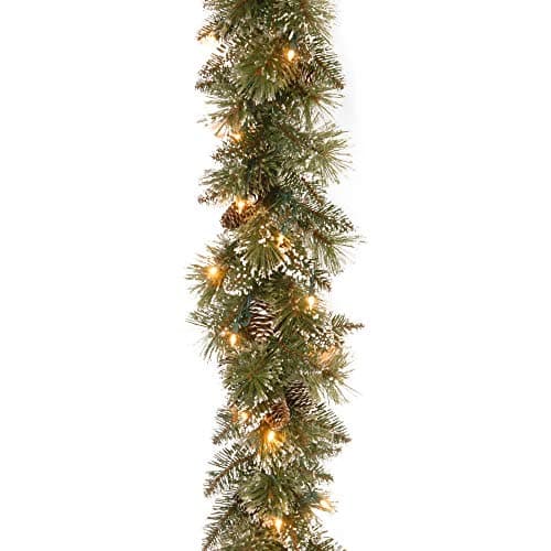 Image of National Tree 6 Foot by 10 Inch Glittery Bristle Pine Garland with Flocked Cones and 50 Battery Operated Soft White LED Lights with Timer (GB3-300-6A-B1)