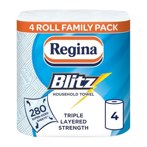 Image of Regina Blitz Household Towels – 4 Triple Layered Rolls, 70 Sheets Per Roll, Paper Packaging, FSC Certified Paper, Recyclable Packaging, 60% Larger Than Standard Kitchen Roll Sheets