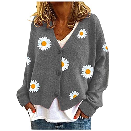 Image of HULKAY Women's Floral Print Long Sleeve V-Neck Sweaters Button Down Ribbed Cuffs Knit Cropped Cardigan Sweater Grey