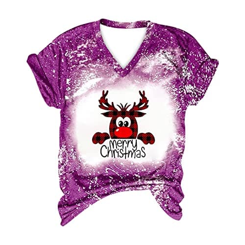 Image of TURWXGSO Christmas T Shirts for Women UK Merry Christmas Tie-Dye T Shirt Ladies Xmas Tops V-Neck T Shirt Women's Short Sleeve Casual Loose Top Retro Vintage Holiday Wear