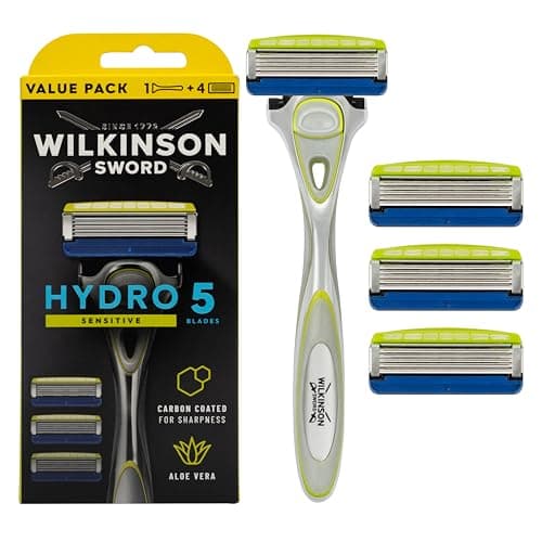 Image of Wilkinson Sword Hydro 5 Sensitive Razor for Men, Shaving Handle + 4 Razor Blades, Moisturising Gel Pools and Skin Protection Bar