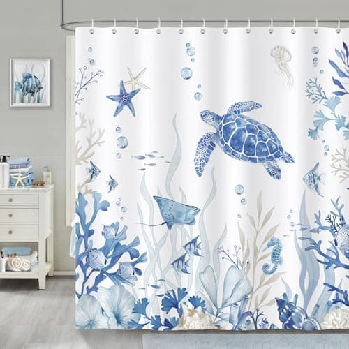 Image of Bonhause Blue Ocean Turtle Shower Curtain, Underwater World Nautical Bathroom Curtain 180 x 180 cm Waterproof Mildew and Mould Resistant Polyester Fabric Bath Curtain with 12 Hooks