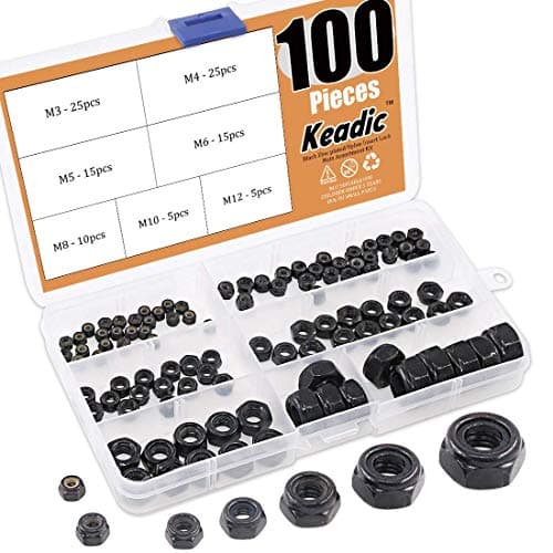 Image of Keadic 100 Pieces Black M12/M10/M8/M6/M5/M4/M3 Hex Lock Nuts Carbon Steel Nylon Insert Locknut Assortment Threaded Inserts Hex Nut Set Assorted Nylon Locking Nuts