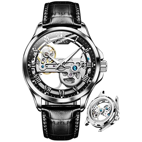 Image of OLEVS Men's Automatic Skeleton Dress Watch: Black Leather Strap, Black Dial, 41mm, 3ATM Waterproof