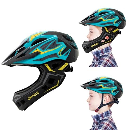 Image of Children's Bicycle Helmet Lightweight Full Face Helmet with Detachable Chin Guard Detachable Visor Kids Downhill Helmet for Balance Bike Scooter Roller Skates Blue-Yellow/M