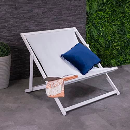 Image of CHARLES BENTLEY FSC® 100 Eucalyptus Wooden, Double Deck Chair, for Outdoors, and Garden, FSC Wood, Polyester, 3 Reclining Positions, Traditional, Eucalyptus, Plaque, Trendy, Seat, White (112x105x95cm)