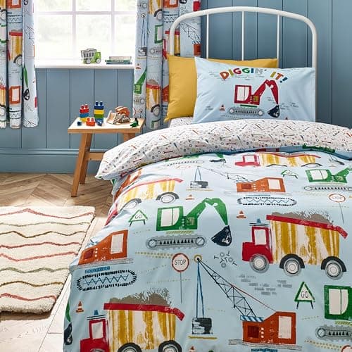 Image of Catherine Lansfield Kids Digger Dreams Reversible Junior Duvet Cover Set with Pillowcase Blue