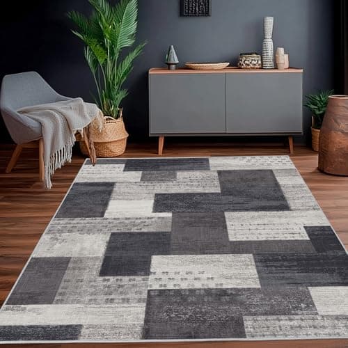 Image of Calinline Modern Geometric Patchwork Indoor Area Rug for Living Room, Charcoal 80x150 cm Large Bedroom Rug Rockwood Collection Hardwood Floors Decor, Grey Carpet for Office Entryway Dining Room