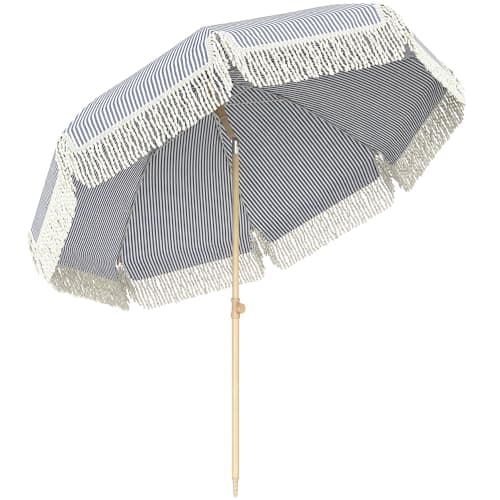 Image of Outsunny 1.7 m Beach Umbrella with Sand Anchor, 30° Tilting Fringed Beach Garden Parasol with Adjustable Height, for Outdoor, Patio, Blue