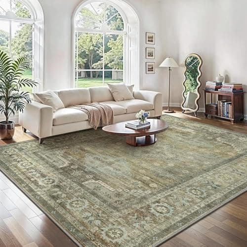 Image of GENIMO Washable Rug for Living Room,160x230cm Large Vintage Carpet with Non-Slip Backing,Floral Print Design,Muted Earthtones Green,Perfect for Bedroom,Dining Room & Home Office