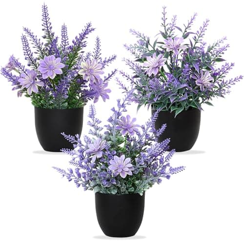Image of Betylifoy Artificial Potted Plants Mini 3PCS Small Fake Plants Greenery Indoor Decor Eucalyptus Plant Faux Plastic Plants for Office Home Bedroom Living Room Bathroom Desk (3, Black pot with flower)