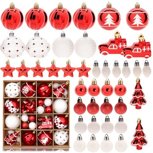 Image of 42Pcs Baubles Christmas Decorations, Shatterproof Christmas Ball Ornaments, White and Red Bauble for Xmas Tree, Ball Balls Xmas Baubles for Winter Festive Holiday Home Office Decoration