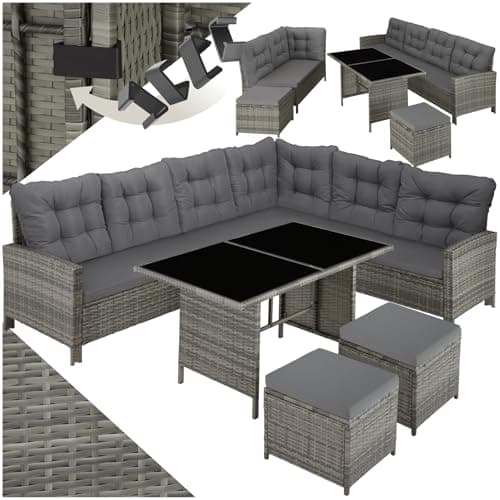 Image of tectake Rattan Garden Furniture Set - 8 Seater Garden Rattan Furniture Set Including an Outdoor Sofa, 2 Stools, Table, Cushions, Assembly Clamps and Instructions - Mottled Grey