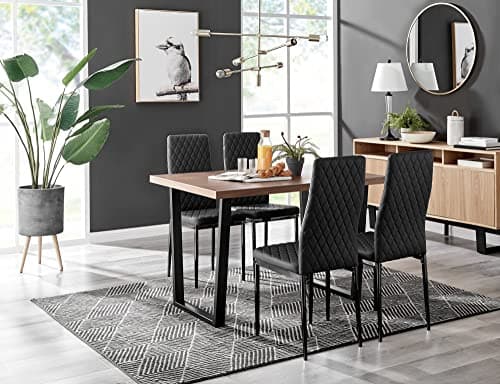 Image of Furniturebox UK Dining Set - Kylo 120cm Large Brown Wood Effect 4 Seater Table With Industrial Black Legs & 4 Faux Leather Milan Chairs