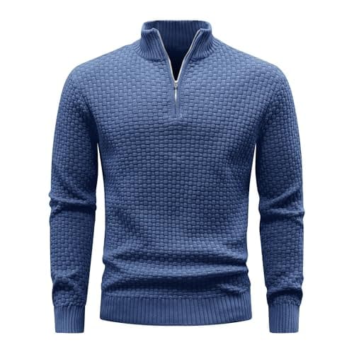 Image of Zaitun Mens Quarter Zip Jumper Waffle Knitted Turtleneck Sweater Warm Long Sleeve Tops Casual Mock Neck Pullover Blue