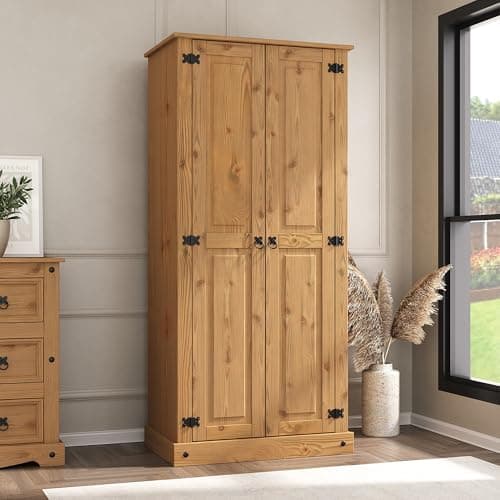 Image of Corona 2 Door Wardrobe with Hanging Rail Shelf Flap Top Mexican Solid Pine