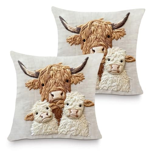 Image of 2PCS Cushion Covers 45 x 45, Premium Linen Pillow Covers, 2D Highland Cow Pattern Throw Pillow Covers, Decorative Square Pillow Cases with Concealed zipper, Highland Cow Gifts for Women Men