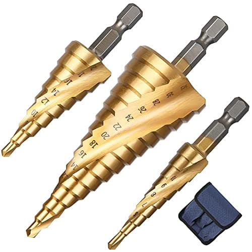 Image of flintronic 3Pcs Spiral Grooved Step Drill Bit, 4mm to 12/20/32 mm (5/32" to 5/4") HSS Titanium Coated, Hex Shank Metric Cut Tool for Wood, Stainless Steel,Metal Sheet