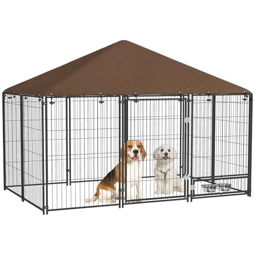 Image of PawHut Outdoor Dog Kennel Puppy Play Pen with Canopy Garden Playpen Fence Crate Enclosure Cage Rotating Bowl 211 x 141 x 151 cm